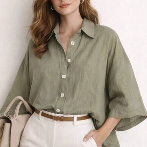 Quiet Luxury Minimalist Oversized Shirt Sage Green Linen Cotton Coastal Cowgirl